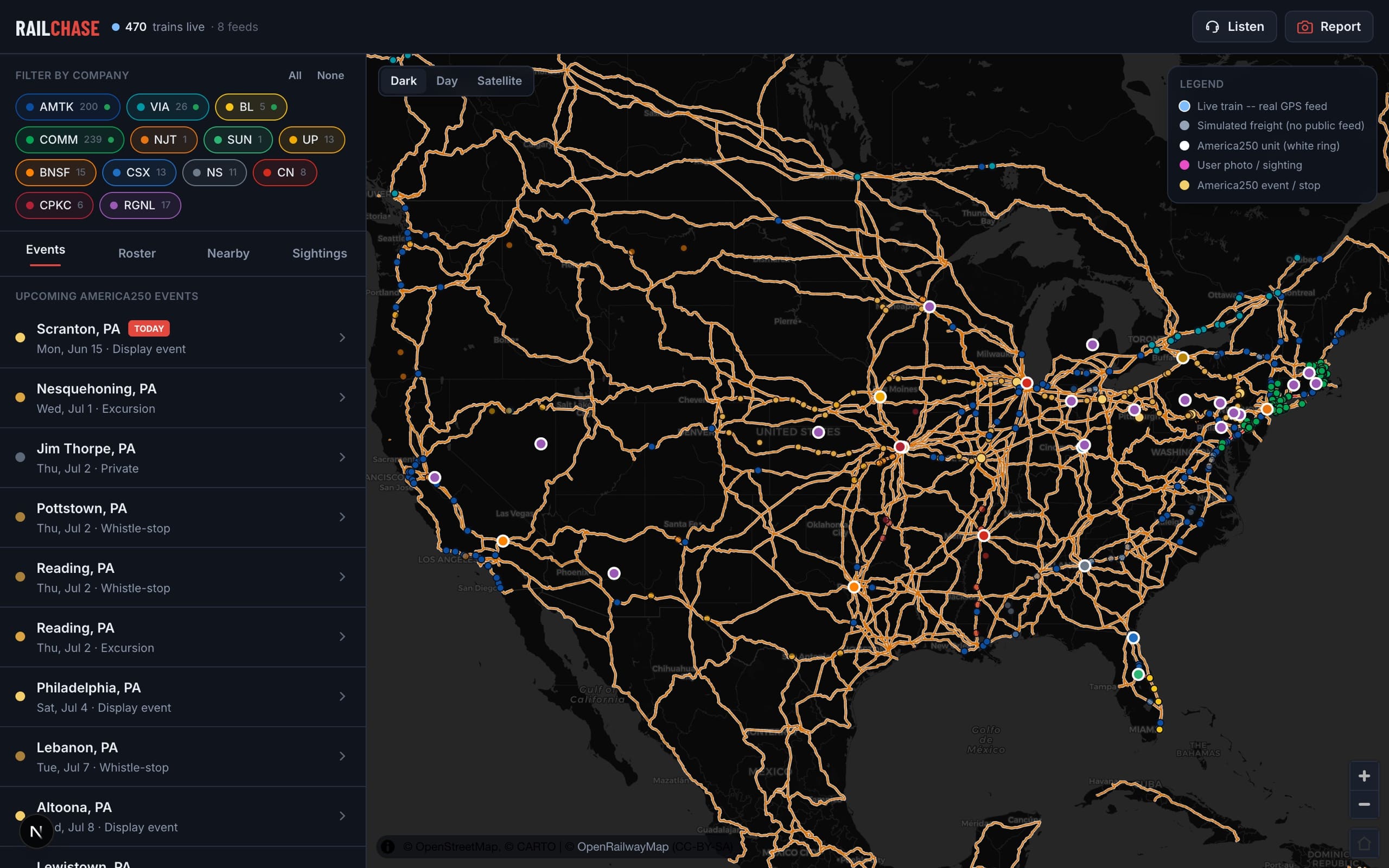 The RailChase app: a live national rail map with 470 trains tracked across 5 feeds, operator filters, and the America250 events list